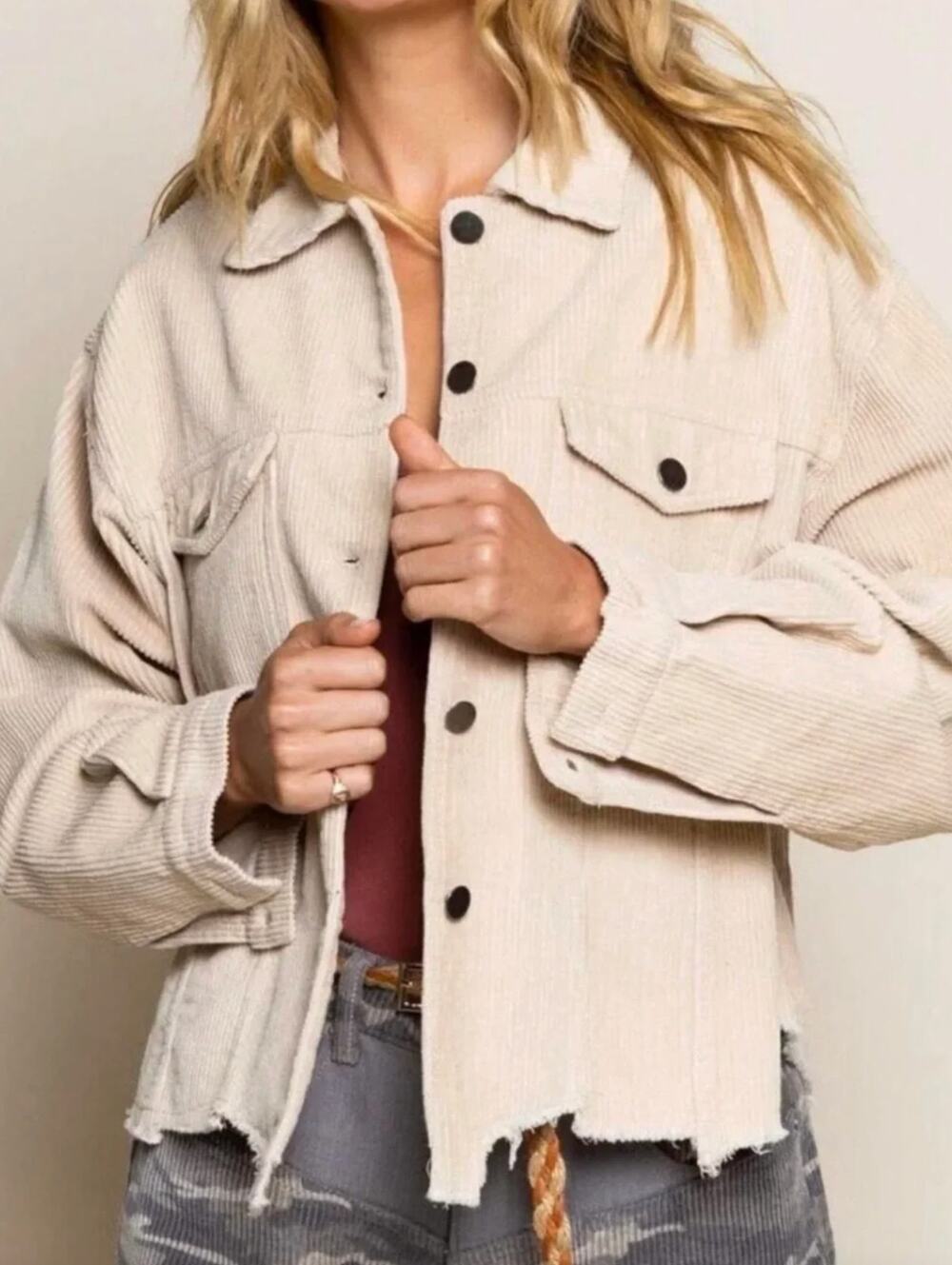 POL Cream Corduroy Button Up Jacket Raw Hem Size Medium Shacket